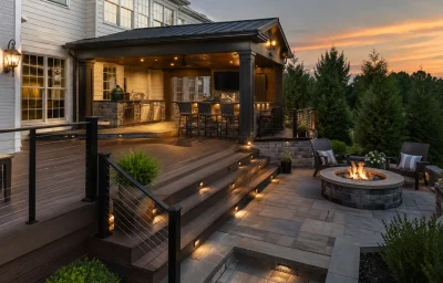 Covered outdoor kitchen and deck behind a South Riding home