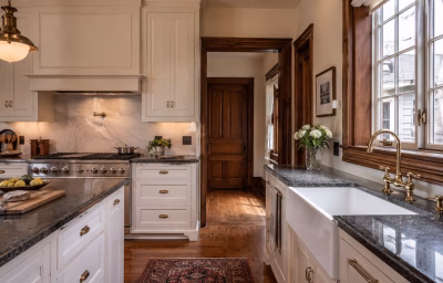 Modernized kitchen with restored floors in a historic Winchester home